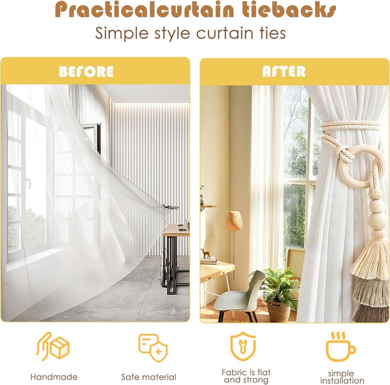 SRG Rope Curtain Tiebacks with Tassel Boho 2 PCS Handmade Wooden Ring Curtain Tie Backs Accessories Wall Decoration Drapery Curtain Holdbacks for Bedroom Window - Image 2